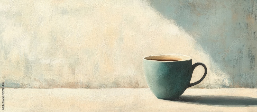 Poster blue ceramic cup on a minimalistic table with soft shadow and textured wall background featuring amp