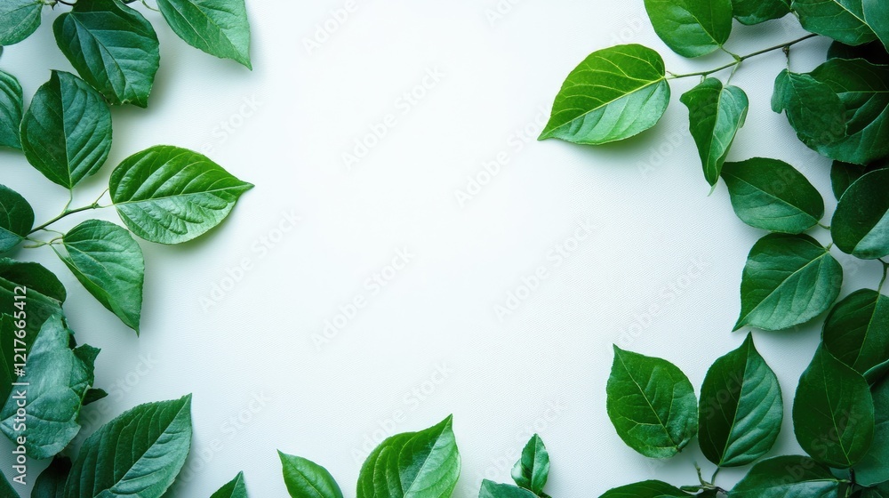 Poster green leaves arranged to form a natural border on a light background with ample copy space for text 