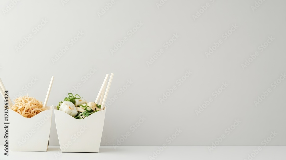 Poster noodle boxes with chopsticks on light gray background for food ad or menu design with empty space fo