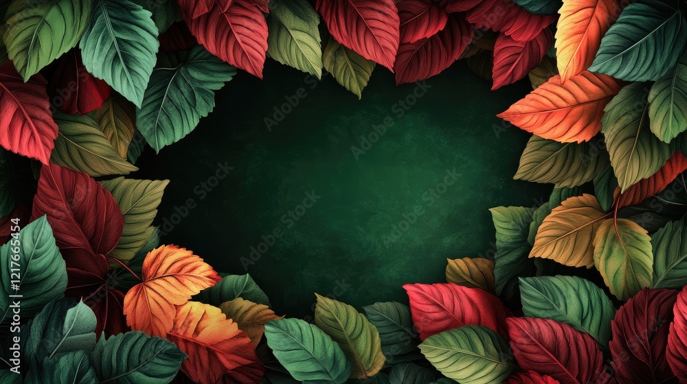Poster colorful autumn leaves frame a dark green background with ample copy space for text or graphics. sui