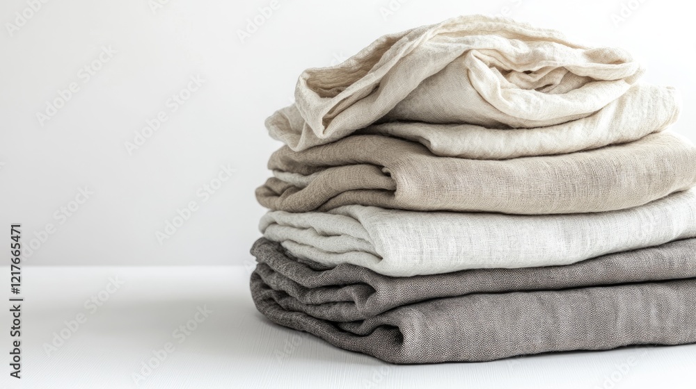 Poster stack of neatly folded linen fabric towels in neutral tones on a white background with copy space fo