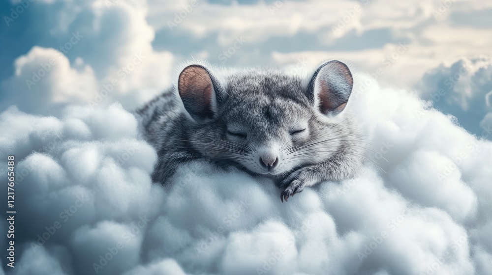 Poster chinchilla resting comfortably on soft clouds with dreamy background and empty space for custom text