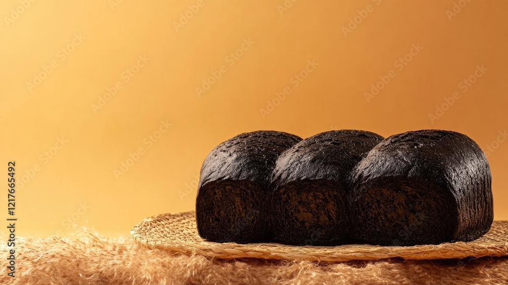 Poster loaf of dark bread on a woven tray with warm gradient background and ample copy space.