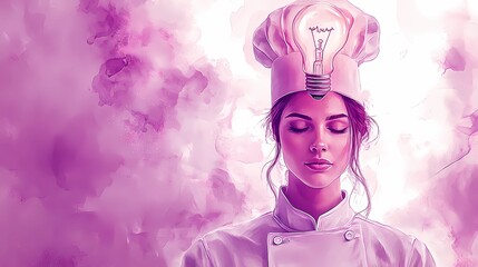 Obraz premium Chef with a glowing light bulb above their head, representing inspiration in cooking, drawn in a vintage book art style
