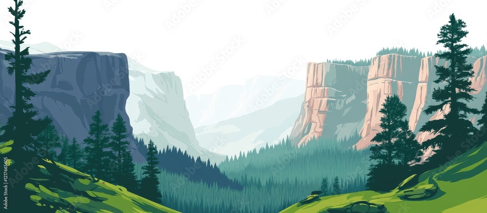 Poster mountainous landscape with evergreen trees and distant cliffs in a natural setting copy space