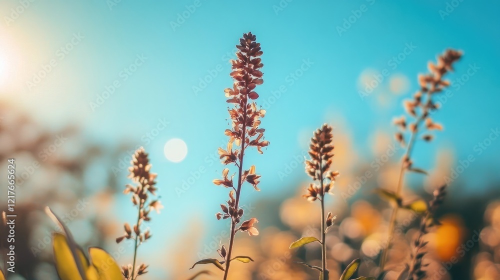 Aufkleber delicate wildflowers against a bright blue sky with sunlight creating bokeh effect and copy space fo