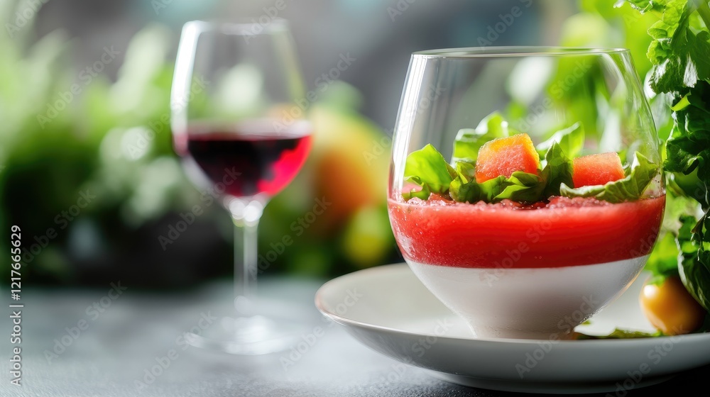 Poster refreshing chilled watermelon soup with crisp lettuce and frozen red wine against a blurred backgrou
