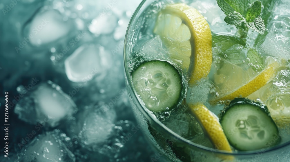 Poster refreshing lemon cucumber mint infused water in glass with ice on cool background and empty space fo