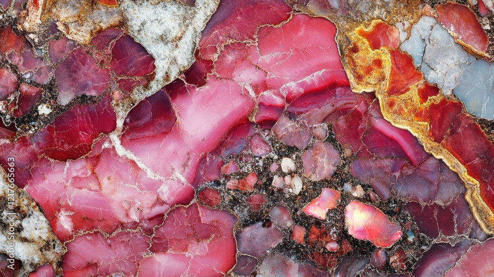 Poster colorful abstract rock formation displaying vibrant red and pink hues with intricate patterns and ve