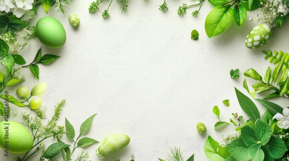 Poster green easter eggs and fresh foliage arranged to create a decorative frame with ample copy space for 