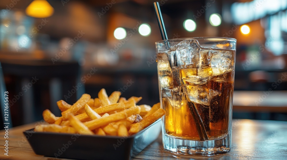 Poster chilled soda with ice and crispy fries served on a dining table in a modern restaurant atmosphere wi