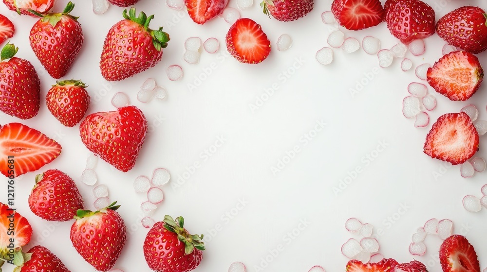Poster fresh strawberries arranged around a blank space ideal for text with chilled tapioca pudding in the 