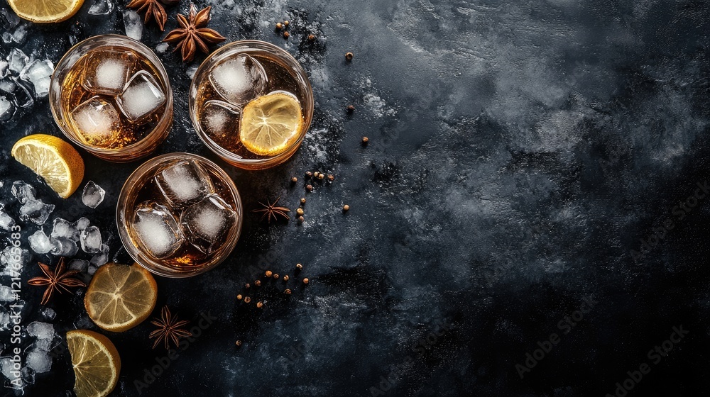 Poster chilled vodka cocktail and gin tonic with ice and citrus garnish on dark background with copy space 