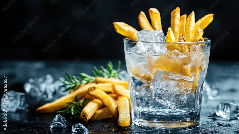 Poster chilled vodka served with crispy fries on a dark background showcasing refreshments and empty space 