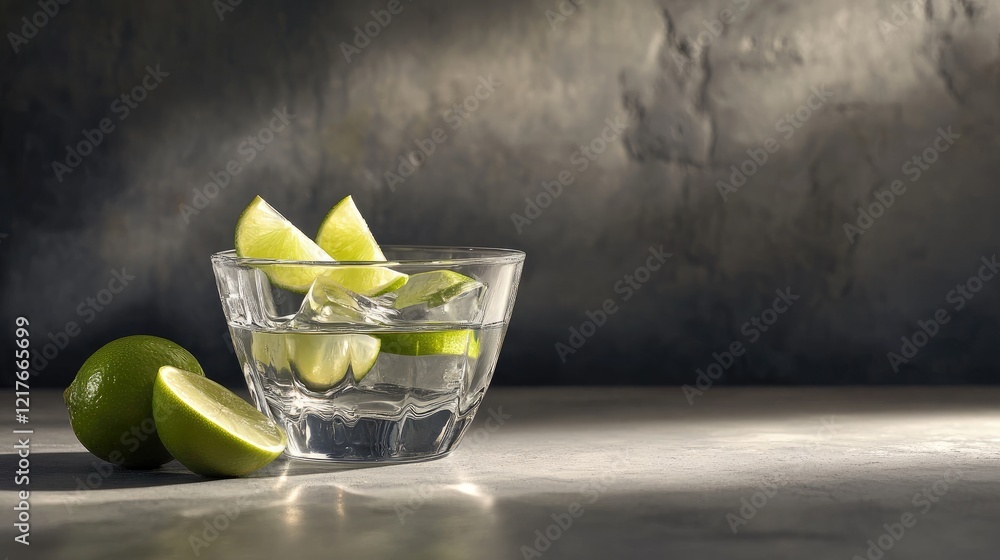 Poster chilled tequila shot accompanied by lime wedges in a glass bowl with an empty background for customi