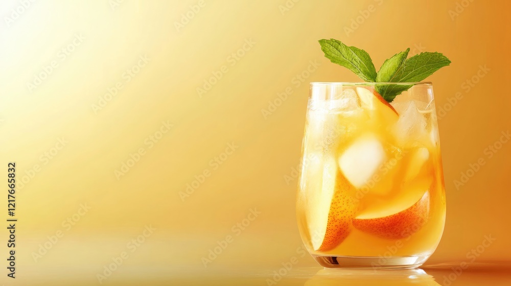 Poster refreshing pear and peach beverage with mint garnish in a glass on a warm gradient background with s