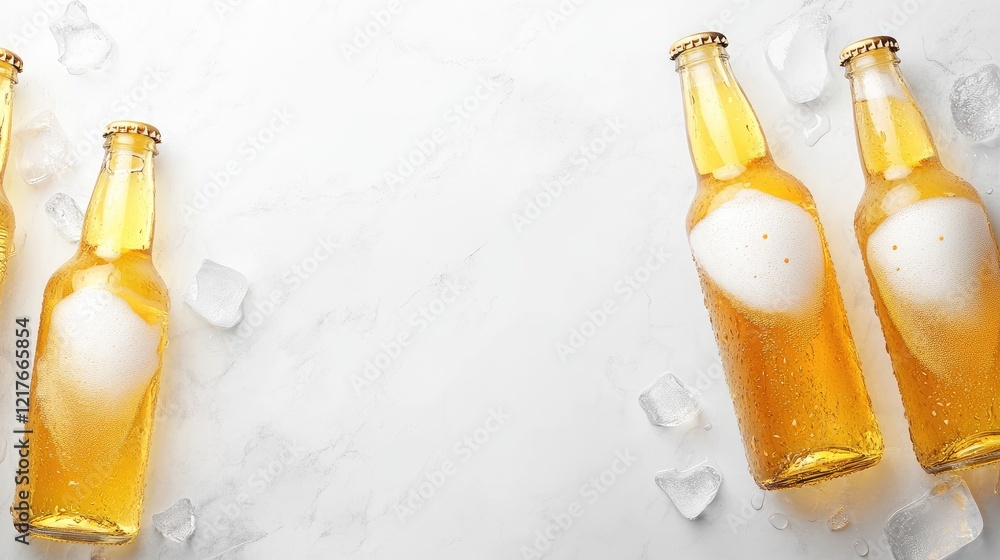 Poster chilled lager beer bottles on a white background with ice cubes and empty space for text or product 