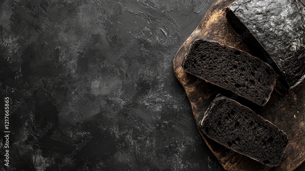 Poster black bread slices on a rustic wooden board with dark textured background and ample copy space for t