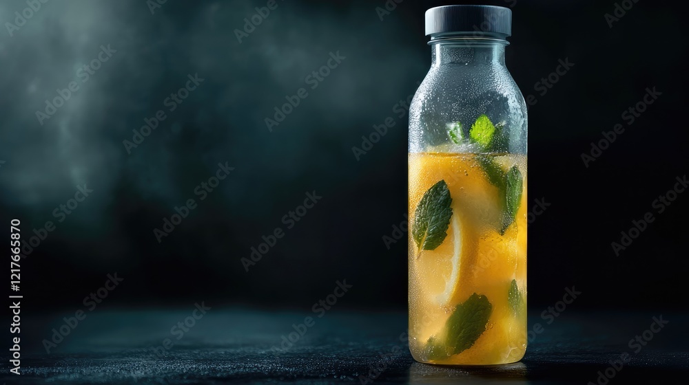 Poster refreshing lemonade with lemon and mint in a thermal bottle on a dark background featuring empty spa