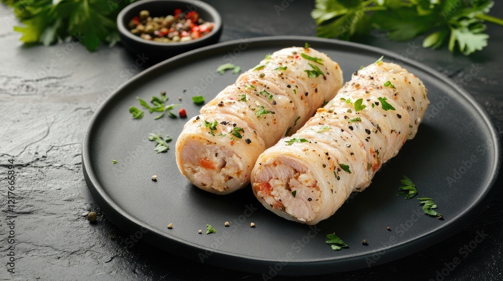 Poster low carb chicken rolls with fresh herbs and spices on a black plate with copy space for text in a cu