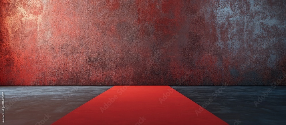 Poster red carpet on a concrete floor in an empty room with textured red wall background and ample copy spa