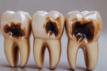 Tooth decay progression model showing three affected teeth with cavities. image highlights severity of dental issues, emphasizing importance of oral hygiene and regular dental check ups