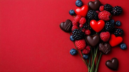 A whimsical berry bouquet paired with heart-shaped vegan chocolates, displayed on a soft velvet surface, isolated on red