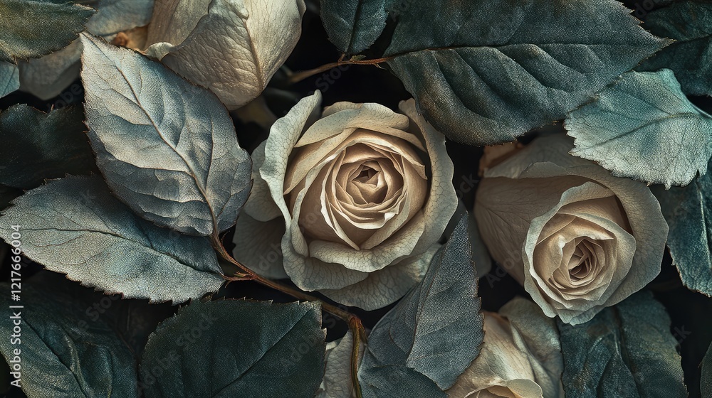 Poster close-up of pale roses surrounded by green leaves with soft textures on a dark background showcasing