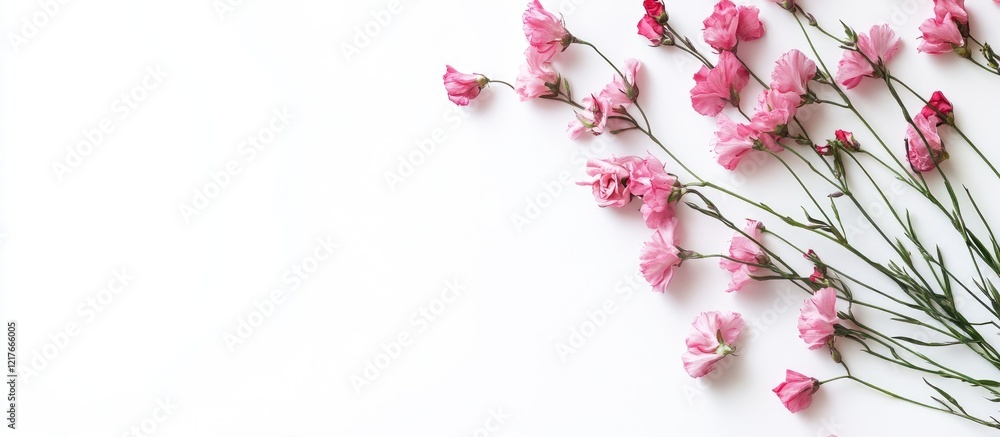 Poster pink flowers arranged on a white background with ample copy space for text placement.
