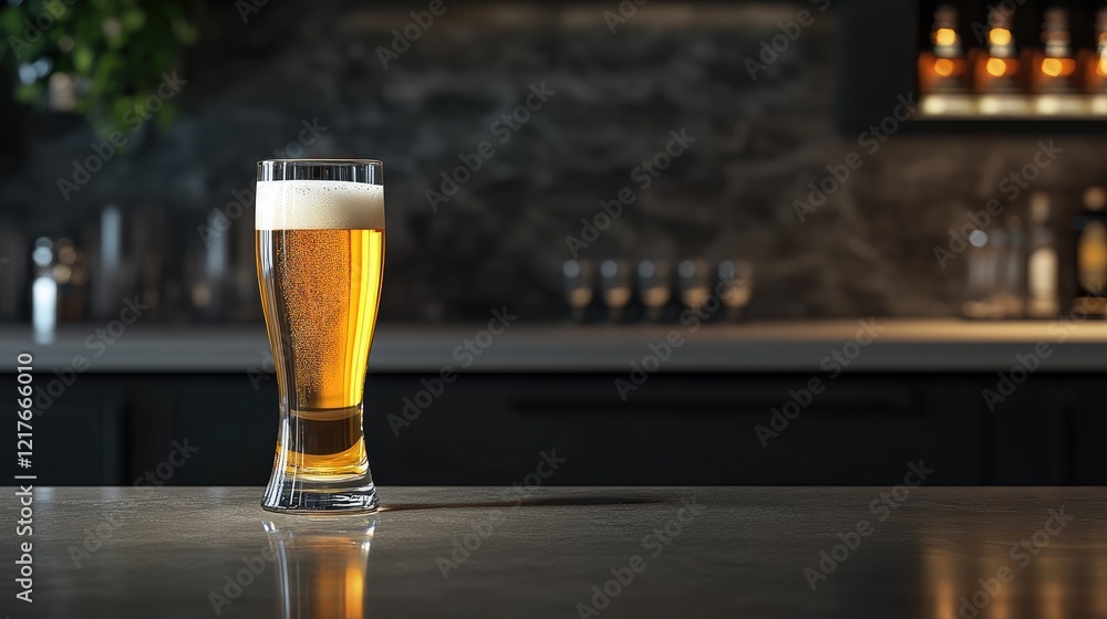 Poster chilled beer in a glass on a bar counter creating a refreshing atmosphere with empty space for promo