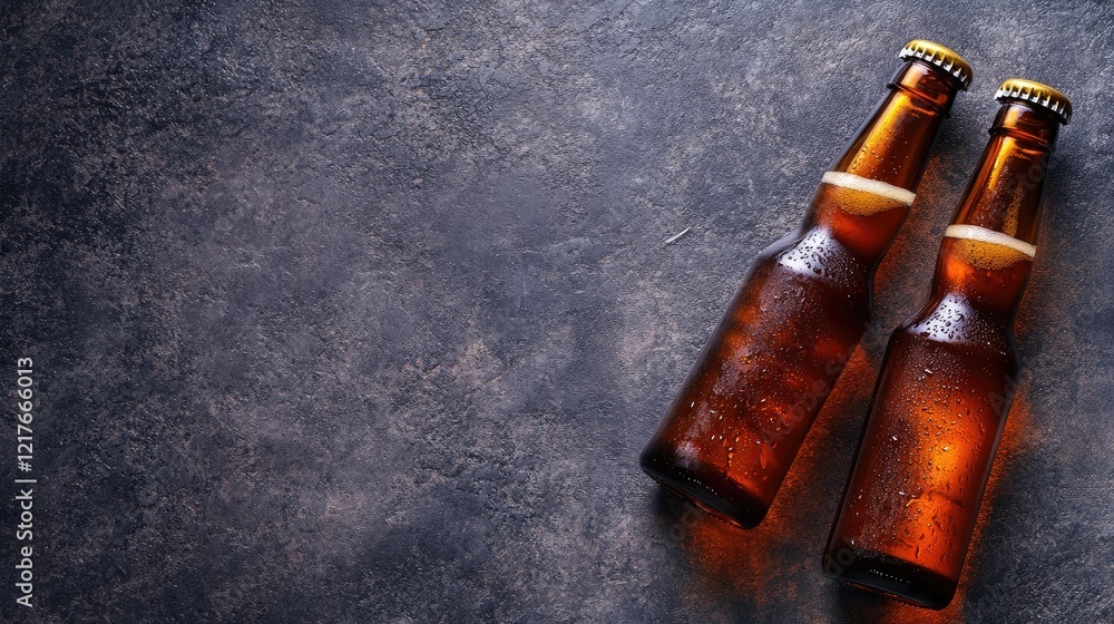 Poster chilled bottled beer on dark surface with empty space for custom text or branding