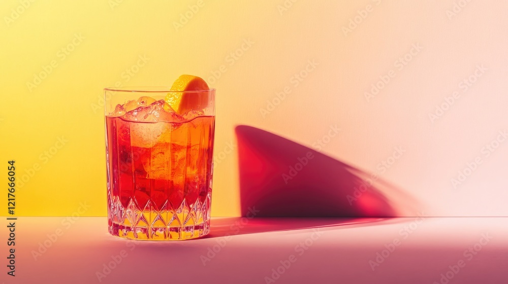 Poster chilled cocktail with lemon slice over vibrant two tone background featuring copy space for text and