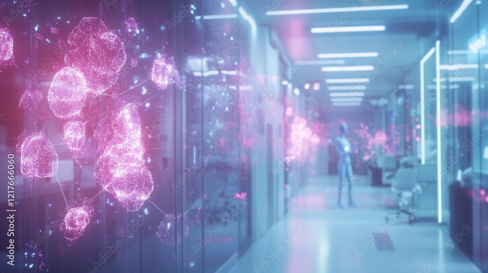 Poster scientist walks through a modern, futuristic laboratory overlaid with a digital brain interface visu