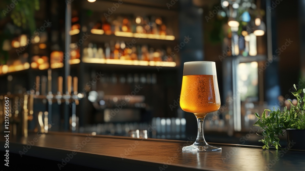 Poster chilled beer in a glass on a bar counter with blurred background and empty space for creative text p