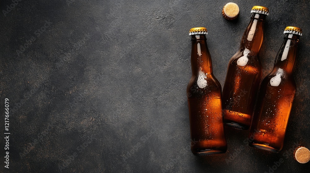 Poster chilled bottled beer arrangement with dark background and blank space for custom text or branding op