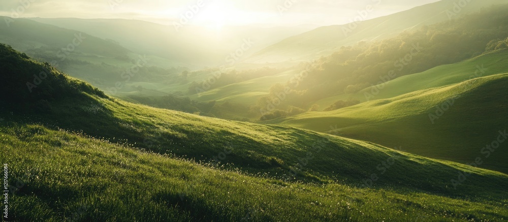 Poster sunlit rolling hills with lush green grass under a hazy sky creating natural landscape scene with co