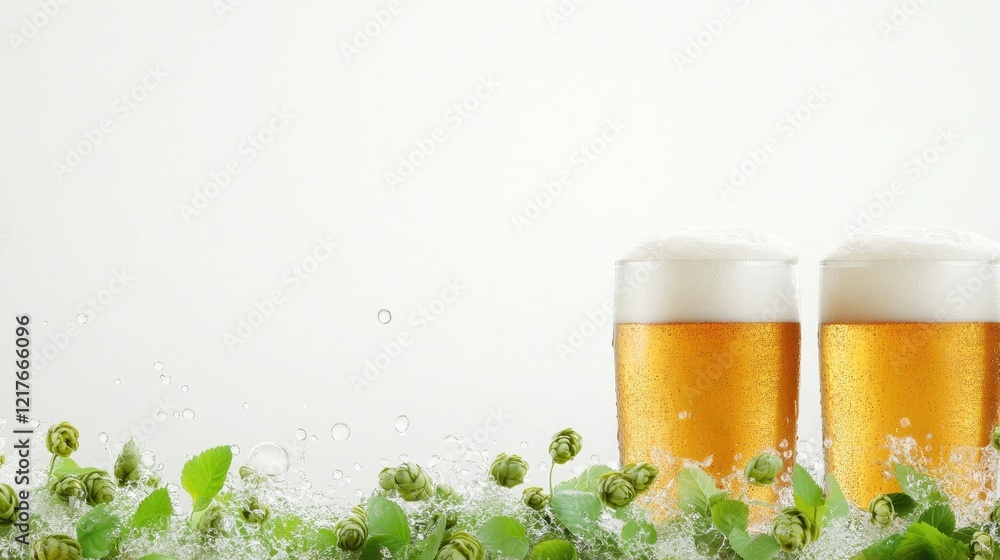 Poster chilled beer glasses with foam and fresh hops on greenery empty space for text mockup