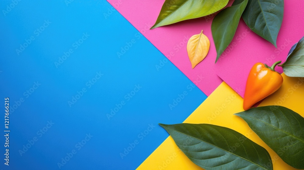 Poster chili pepper and leaves on vibrant colorful background with empty space for copy or text design