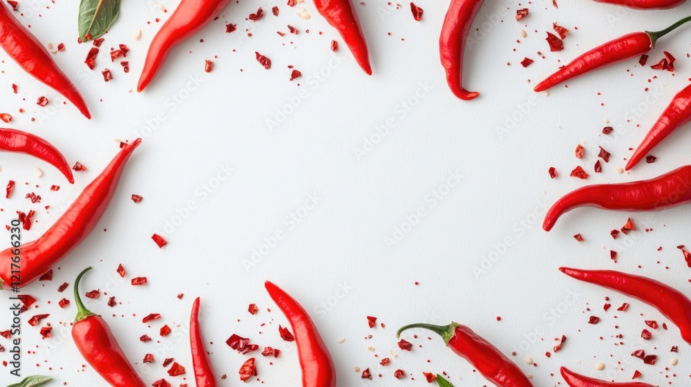 Aufkleber red chili peppers arranged in a circular frame on white background with dried flakes and copy space 