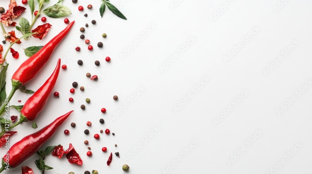 Poster fresh red chili peppers and colorful spices on white background with empty space for text and culina