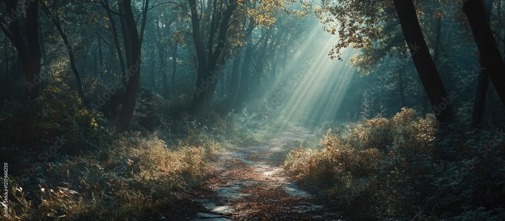 Poster misty forest path with sunlight rays filtering through trees and lush greenery, suitable for nature 