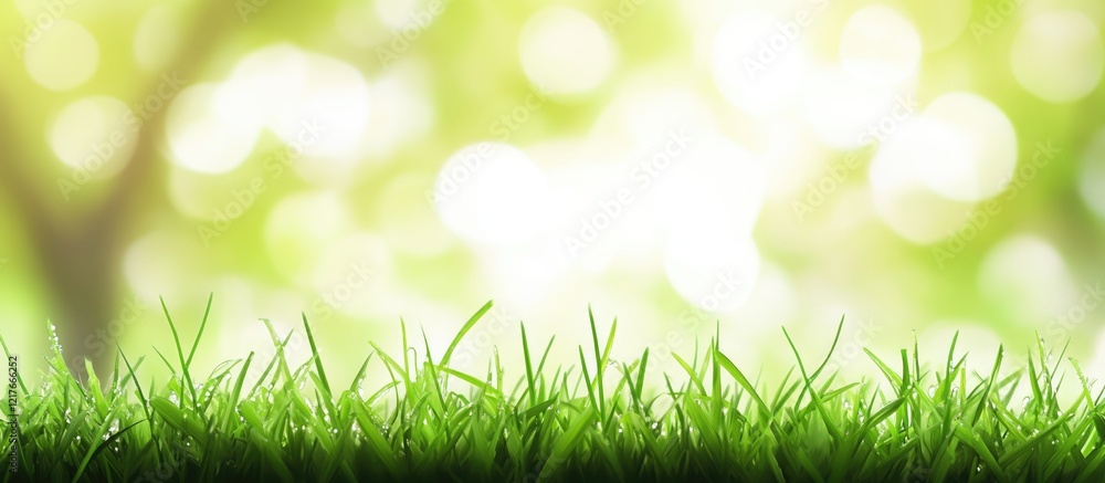 Poster green grass with blurred sunny bokeh background featuring soft light effects and ample copy space fo