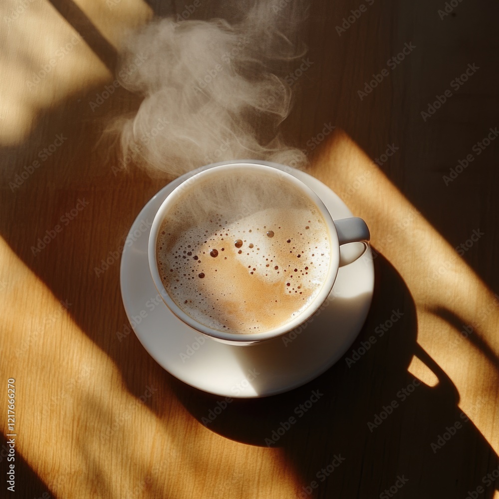 Poster steaming cup of coffee on wooden table with sunlight and soft shadows creating a warm atmosphere cop
