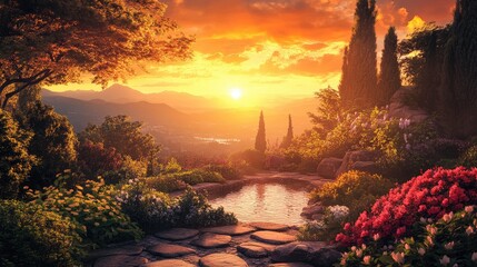 Serene sunset view over a landscaped garden with vibrant flowers and tranquil water feature Copy Space