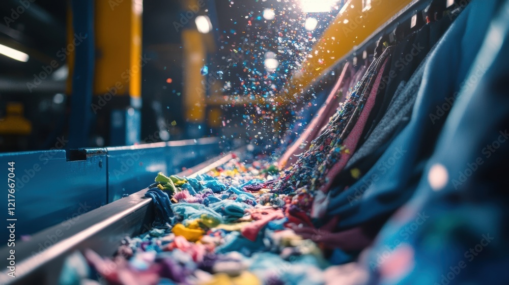 Poster a closeup perspective of machinery sorting textile waste with bright fabric swatches being efficient