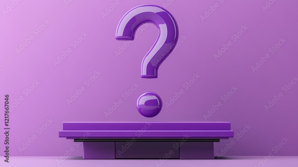 Poster colorful 3d question mark symbol on a purple backdrop with floating sphere and ample space for text 