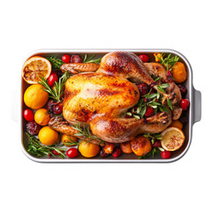 Roasted Turkey with Festive Garnishes: A succulent, golden-brown roasted turkey takes center stage, surrounded by vibrant cranberries, citrus slices.