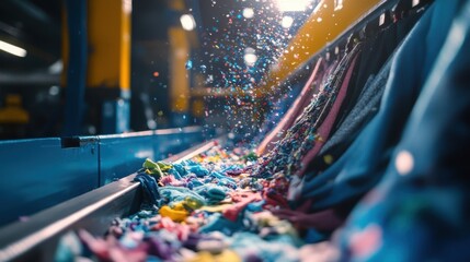 A closeup perspective of machinery sorting textile waste with bright fabric swatches being efficiently processed on a conveyor belt emphasizing innovative recycling in the fashion industry.