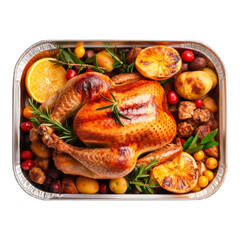 Roasted Turkey Feast: A glistening, golden-brown roasted turkey, adorned with fresh herbs and nestled amongst colorful fruits and vegetables, fills a silver roasting pan.