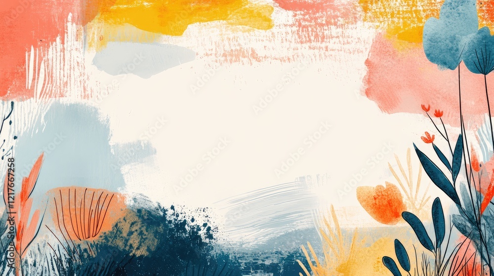 Poster colorful abstract childlike drawing with floral elements and an empty space for text or design inser